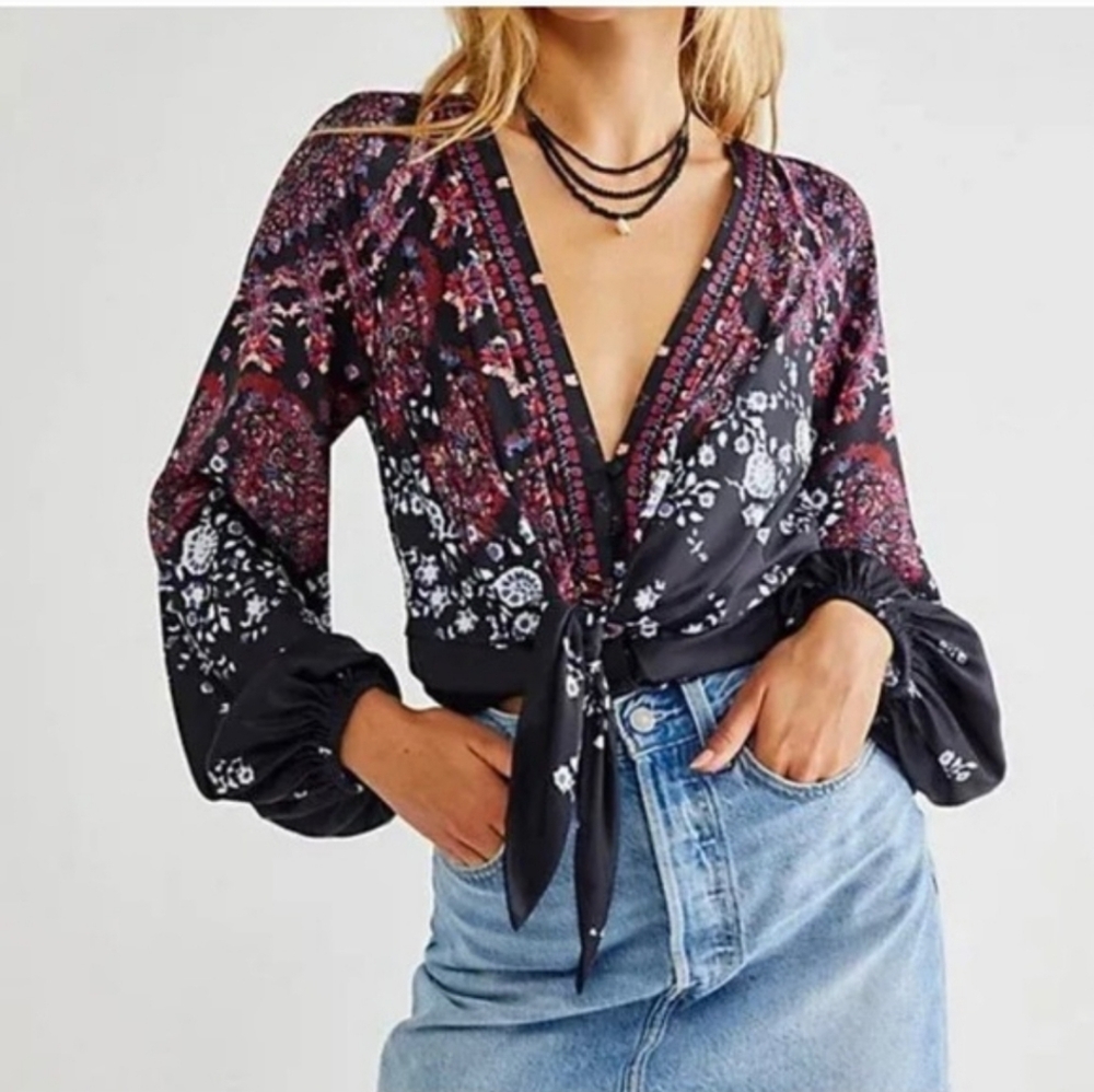 Free People Run Free Tunic Top Women's Small In Night Combo Black Boho‎
